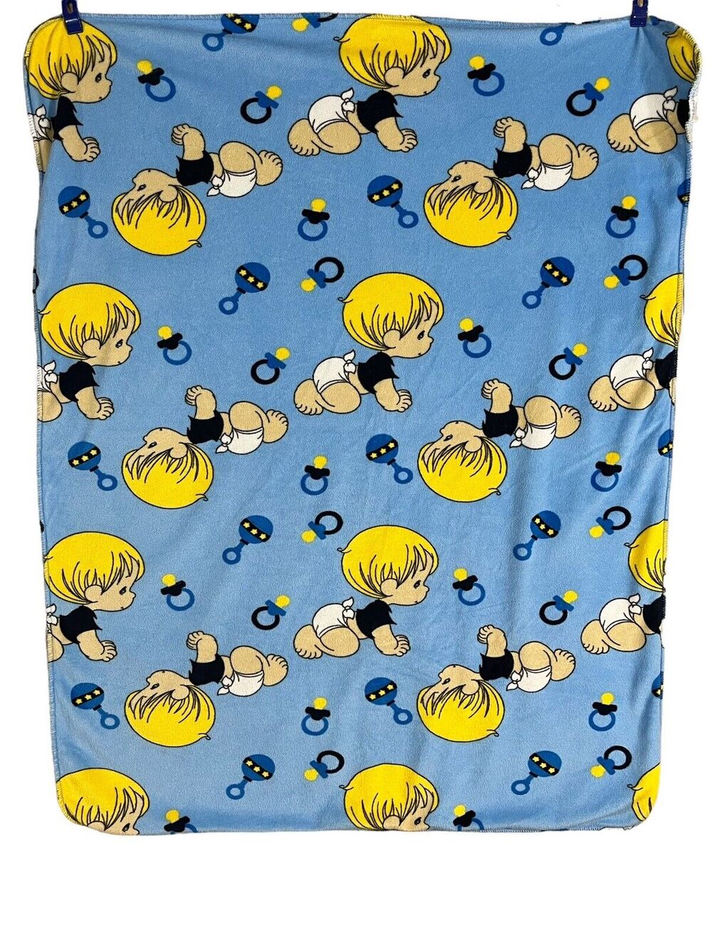 Precious Moments Blue Baby Blanket Blond Boy Crawling Rattle Minky Sherpa